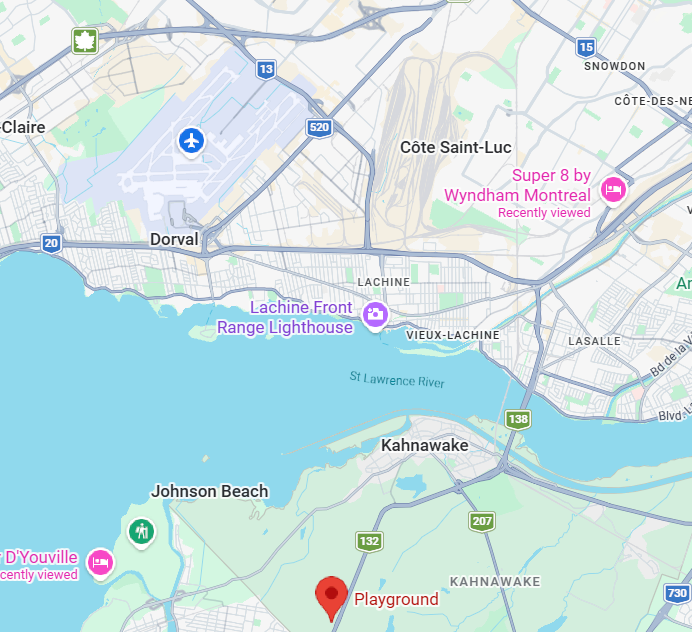 Map of Kahnawake, Playground Poker, and Montreal Airport (Dorval)